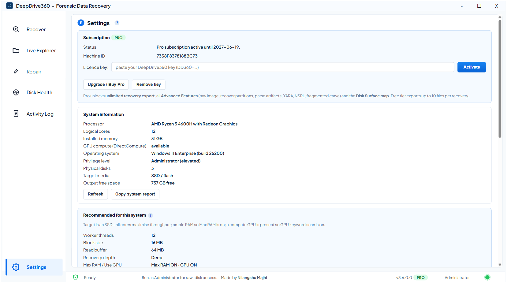 Settings, system info and licensing